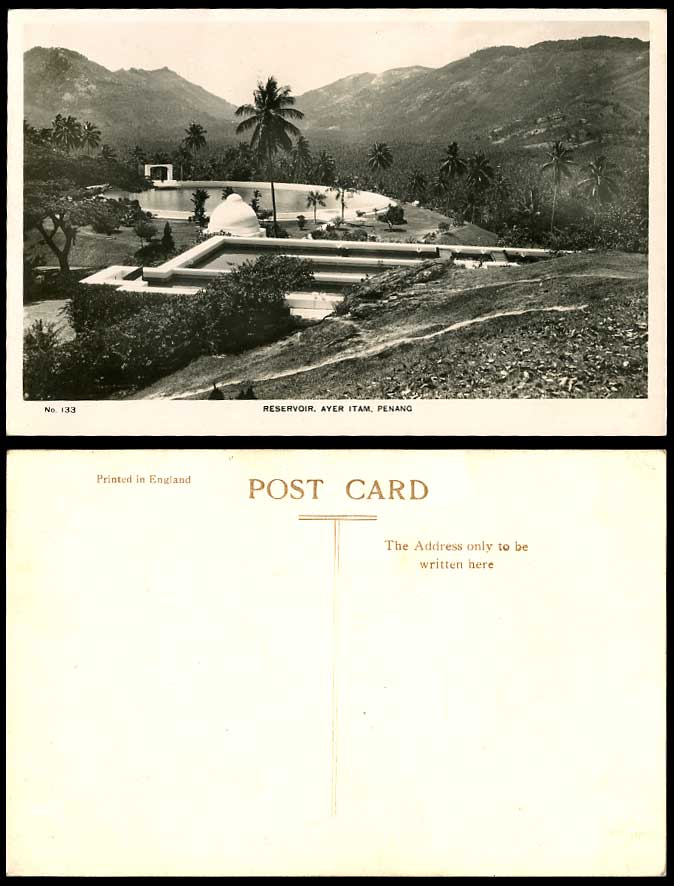 Penang Old Real Photo Postcard The Reservoir, Ayer Itam, Palm Trees Stupa Dagoba