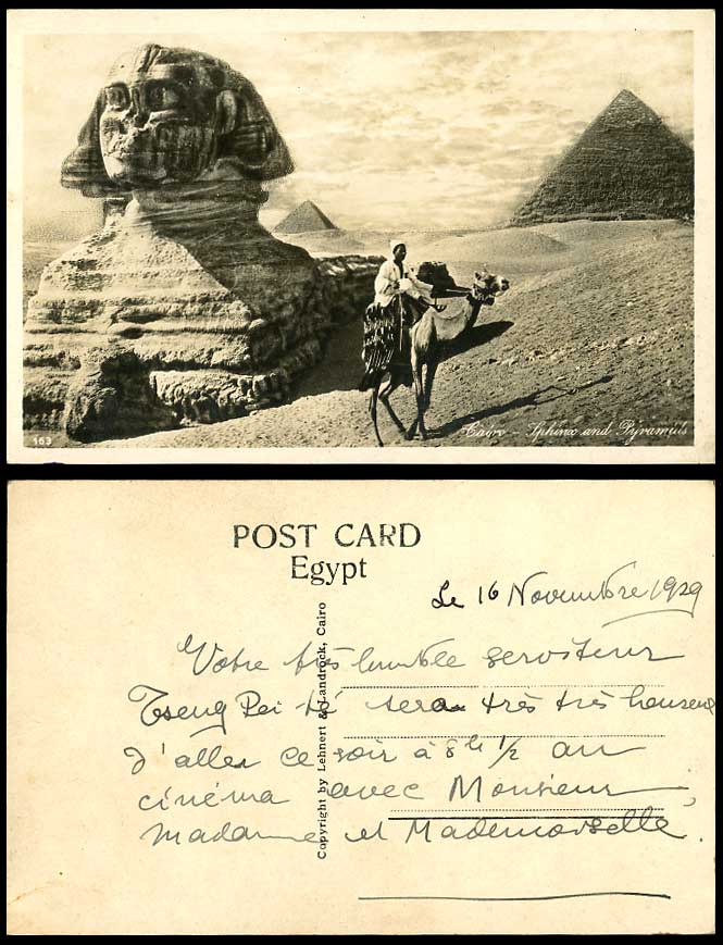 Egypt 1929 Old Postcard CAIRO SPHINX and PYRAMIDS Camel Rider Sand Dunes Desert