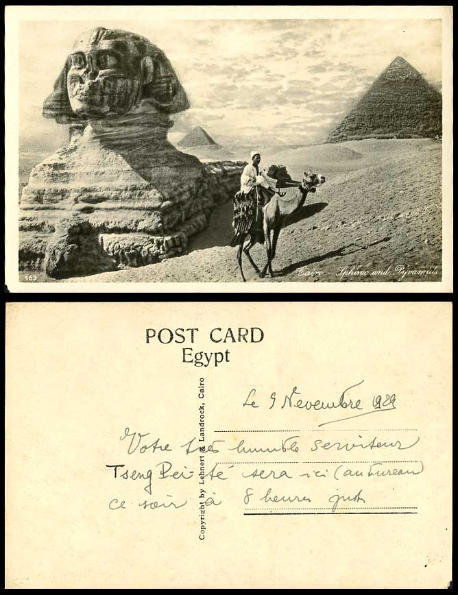 Egypt 1929 Old R.P. Postcard CAIRO SPHINX PYRAMIDS Camel Rider Sand Dunes Desert