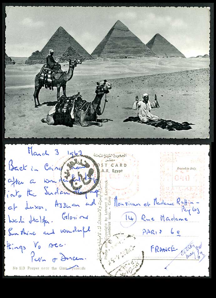 Egypt Red Meter Marks 1963 Old Postcard Native Prayer near Giza Pyramids Camels