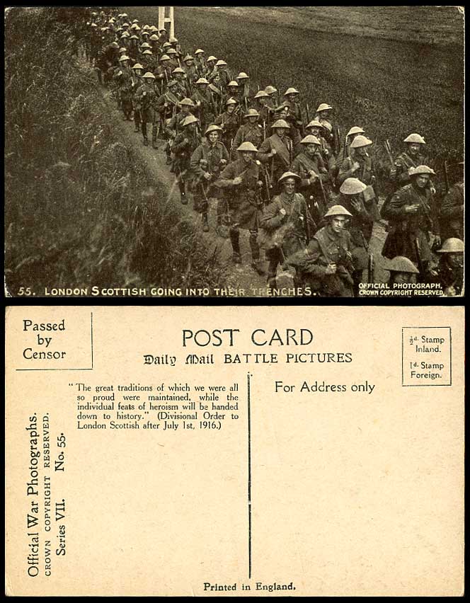WW1 Daily Mail 1916 Old Postcard London Scottish Soldiers Going into Trenches