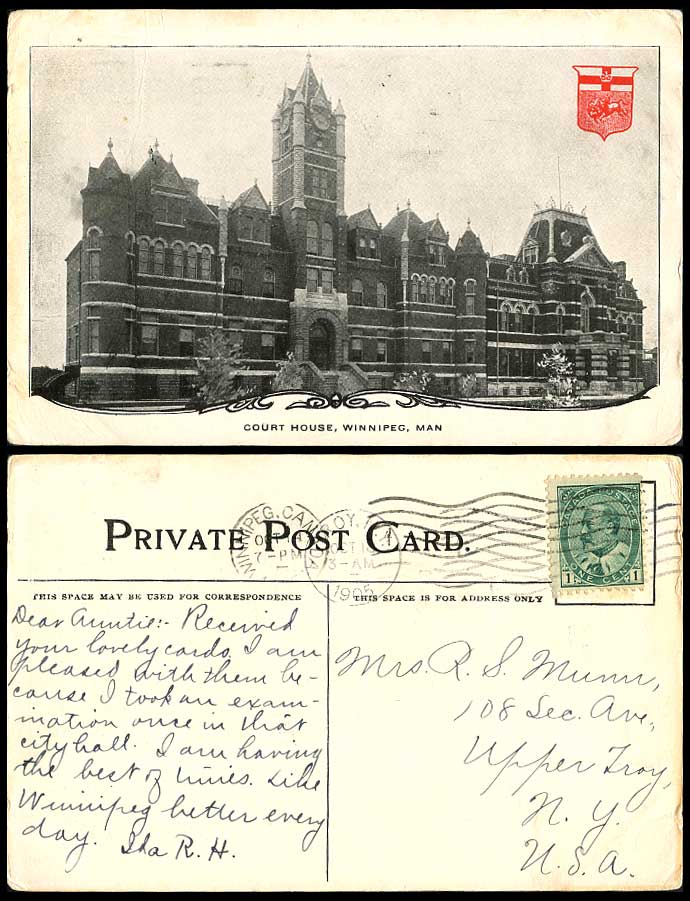 Canada 1905 Old Postcard Court House Winnipeg Manitoba, Law Courts, Coat of Arms