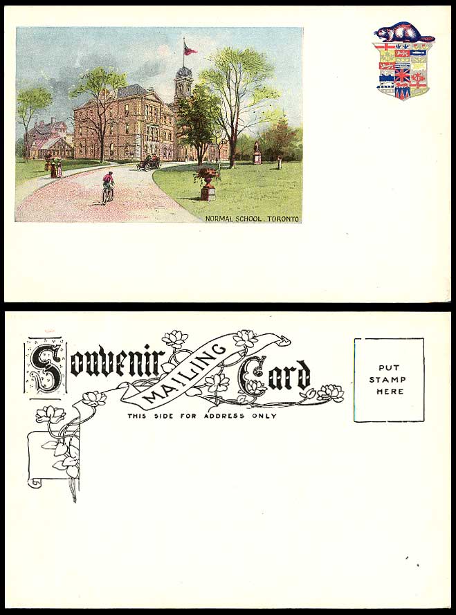 Canada Old U.B. Postcard Normal School Toronto, Cyclist Car, Beaver Coat of Arms