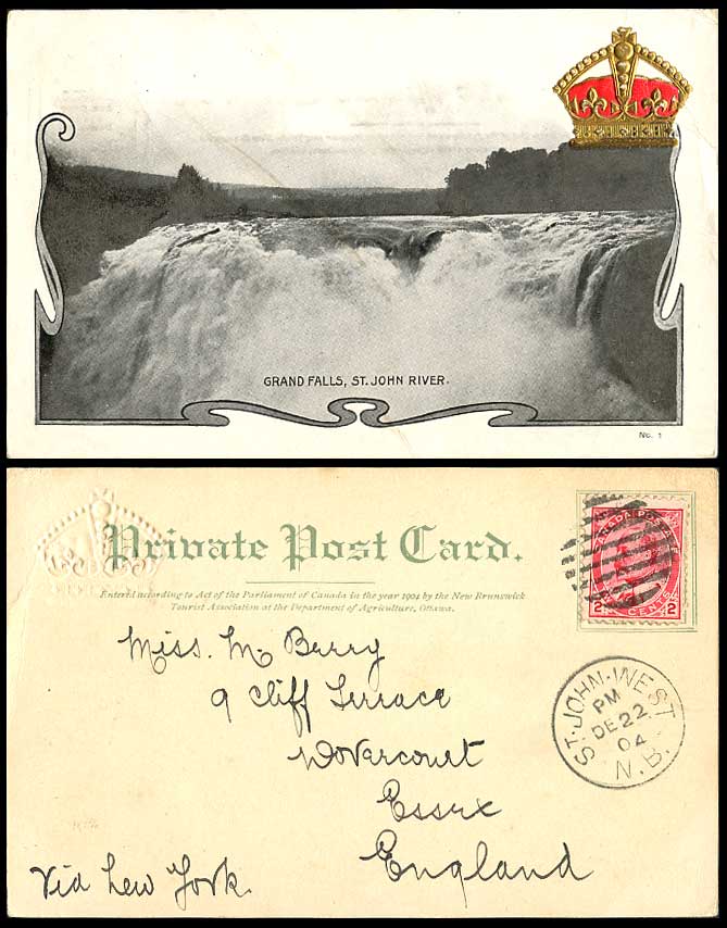 Canada 1904 Old Postcard Grand Falls St John River New Brunswick NB Coat of Arms