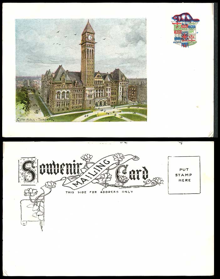 Canada Old UB Postcard City Hall Clock Tower Toronto Streets Beaver Coat of Arms