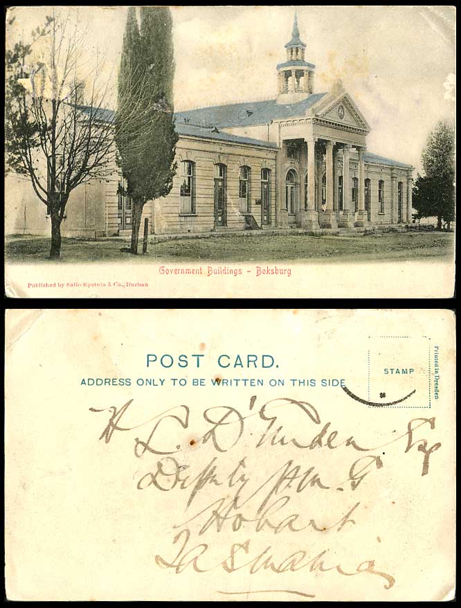South Africa to Tasmania Old Hand Tinted Postcard Government Buildings, BOKSBURG