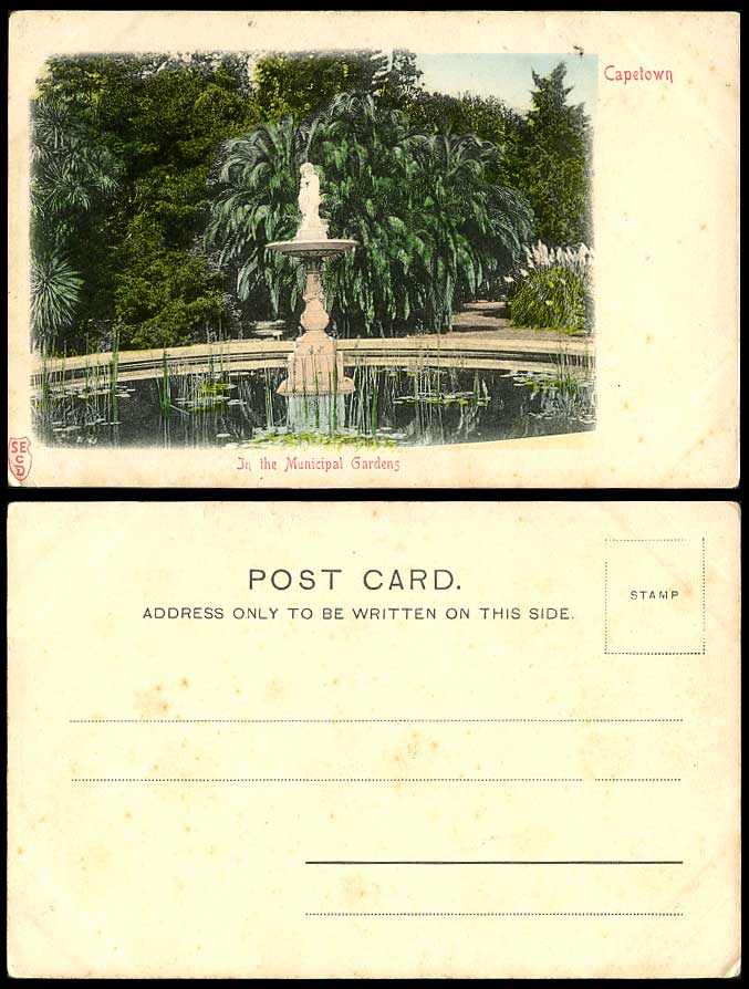 South Africa Cape Town In Municipal Gardens Fountain Old Hand Tinted UB Postcard