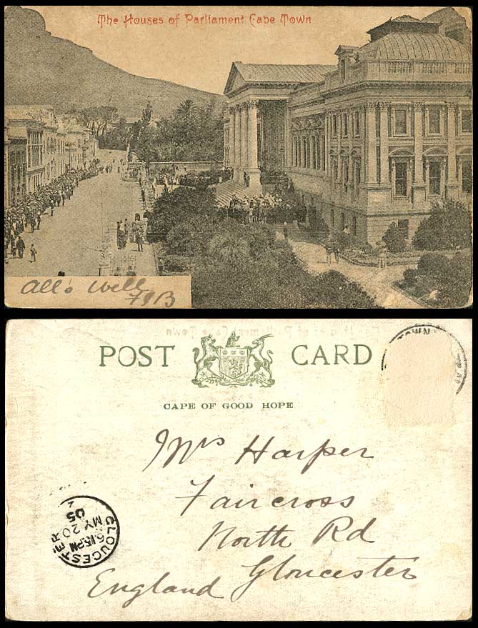 South Africa 1905 Old Postcard Cape Town Houses of Parliament Street Scene Crowd