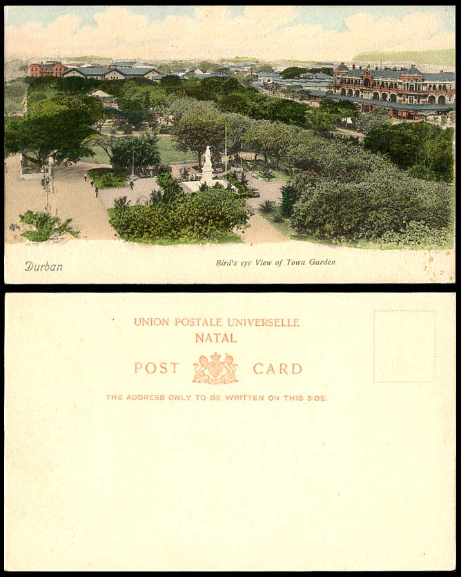 South Africa Old Hand Tinted Postcard Durban, Bird's Eye View Town Garden, Natal