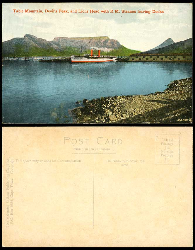 South Africa Lions Head Devils Peak Table Mountain Ship Leave Docks Old Postcard