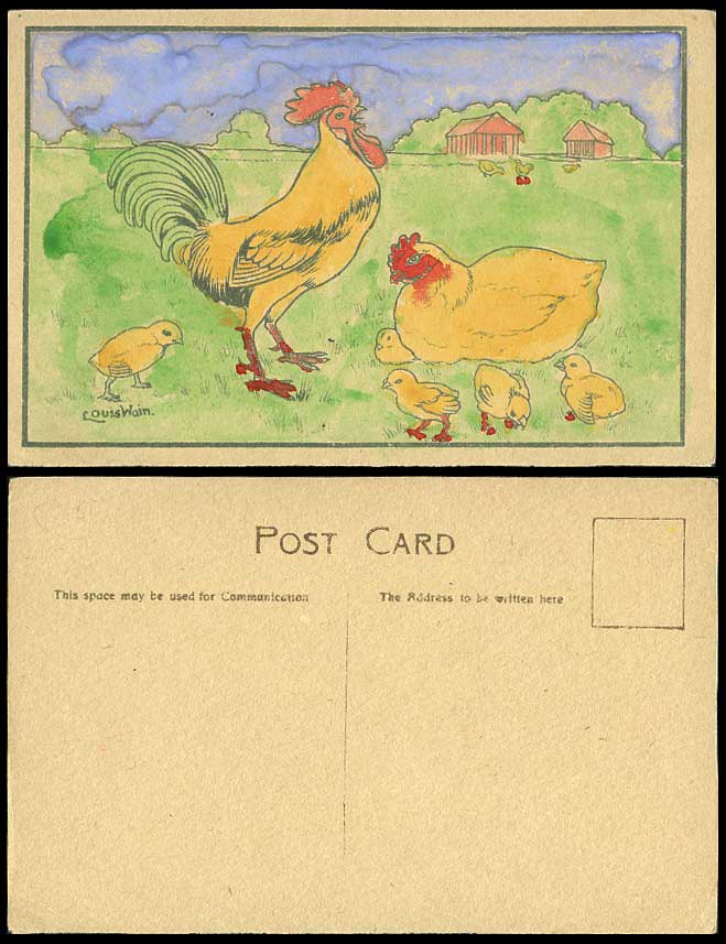 Louis Wain Artist Signed Birds Rooster Hen Chicks Old Hand Tinted Color Postcard