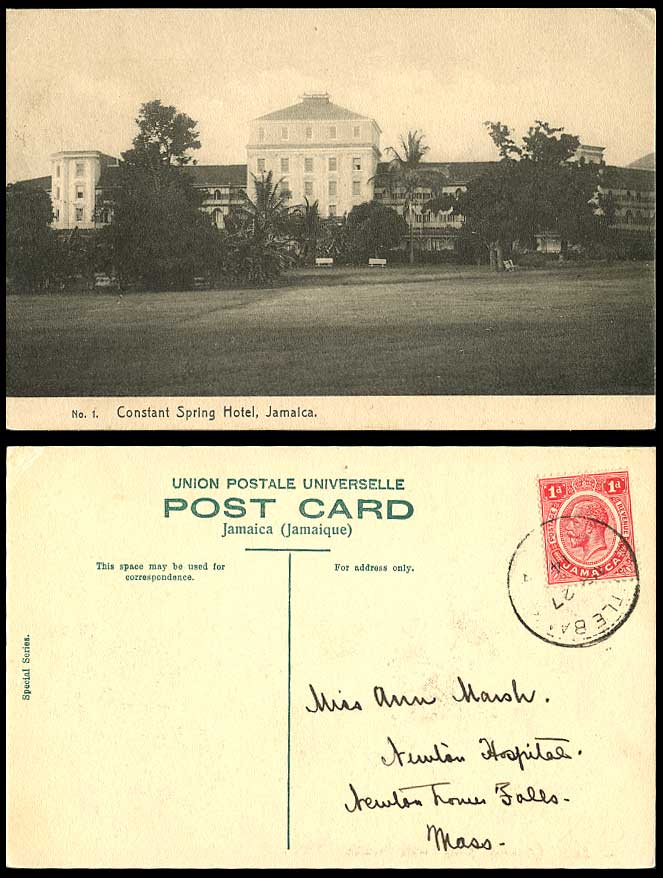 Jamaica CONSTANT SPRING HOTEL, Kingston KG5. 1d 1914 Old Postcard Special Series
