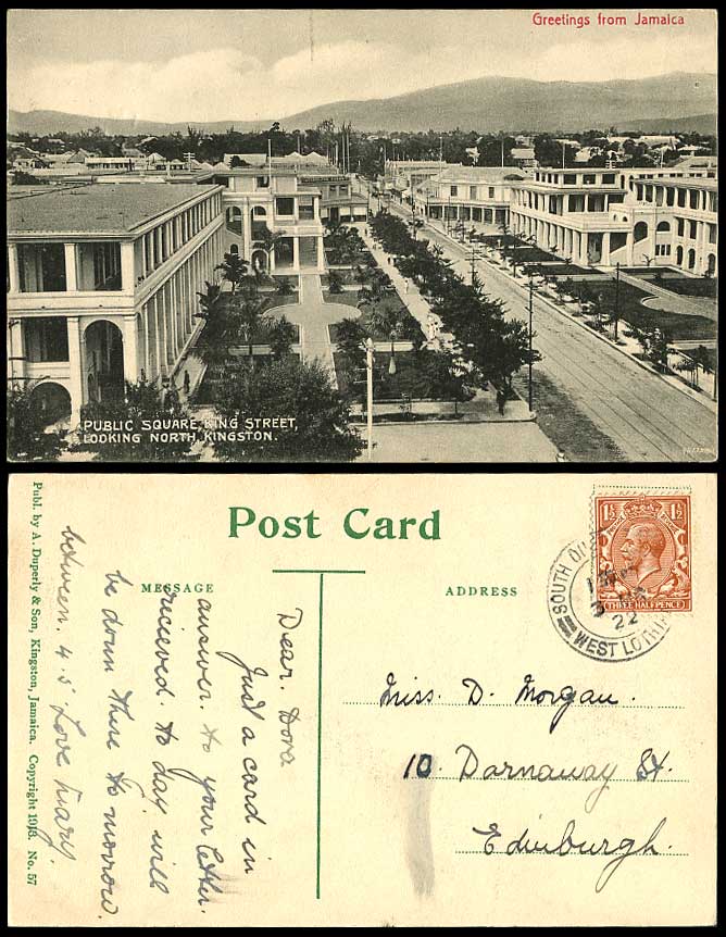 Jamaica 1922 Old Postcard Public Square King Street N Colonial House Kingston WI