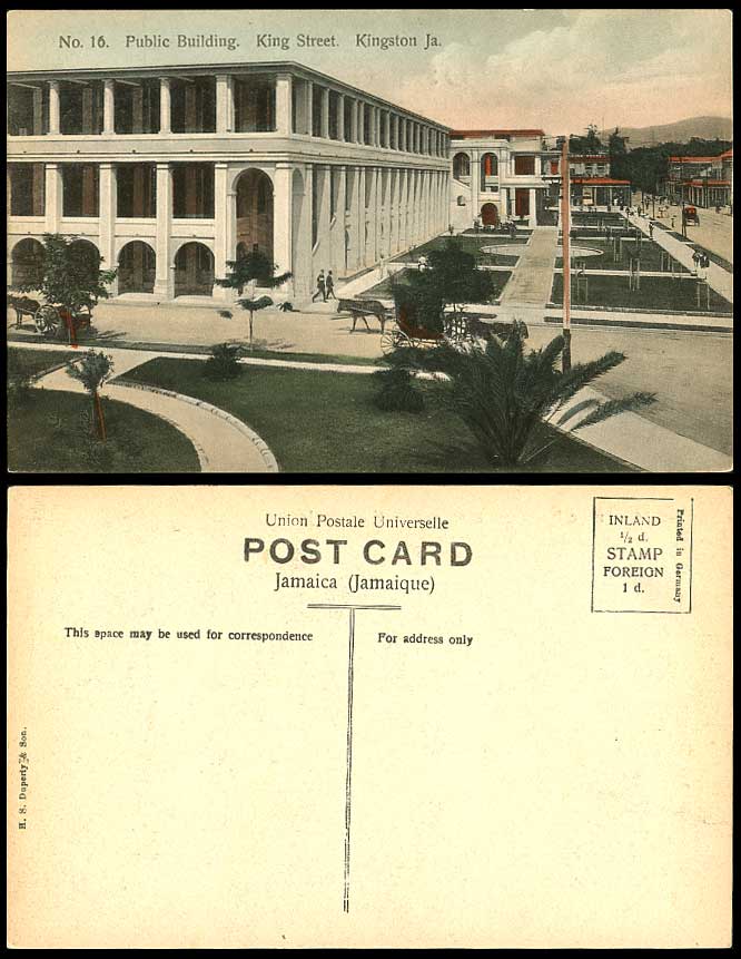 Jamaica Old Hand Tinted Postcard Public Building, King Street Scene Kingston BWI