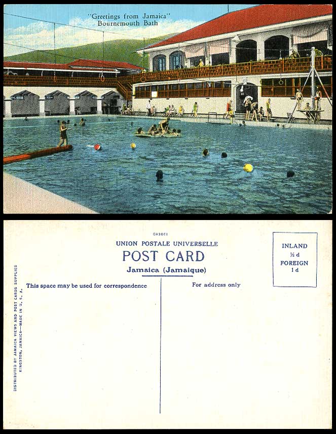 Jamaica Old Colour Postcard Bournemouth Bath Bathers Bathing Pool Greetings BWI