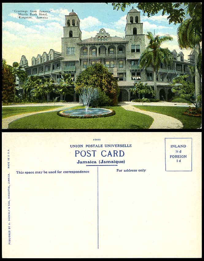Jamaica Old Colour Postcard Myrtle Bank Hotel Building, Kingston Fountain B.W.I.