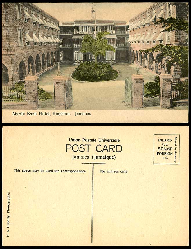 Jamaica Old Hand Tinted Postcard Myrtle Bank Hotel Kingston Entrance Gate B.W.I.
