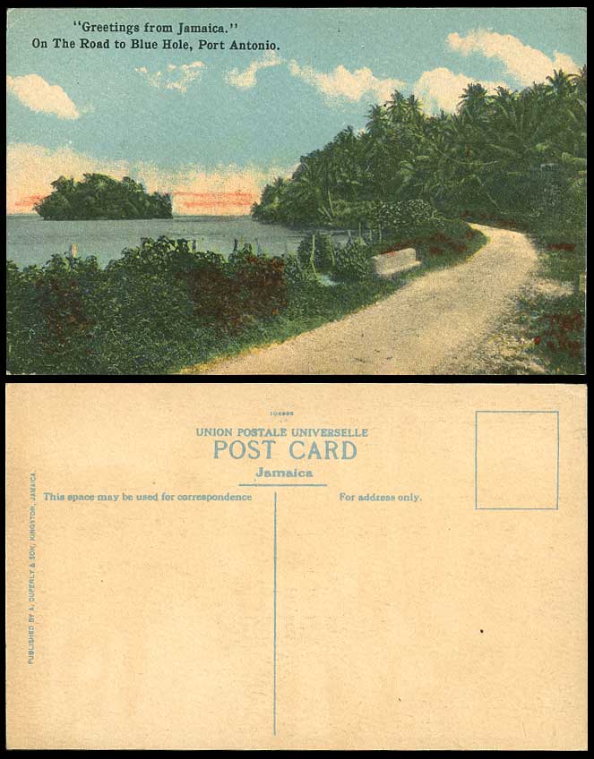 Jamaica Old Postcard On The Road to Blue Hole Port Antonio, Palm Trees Road Path
