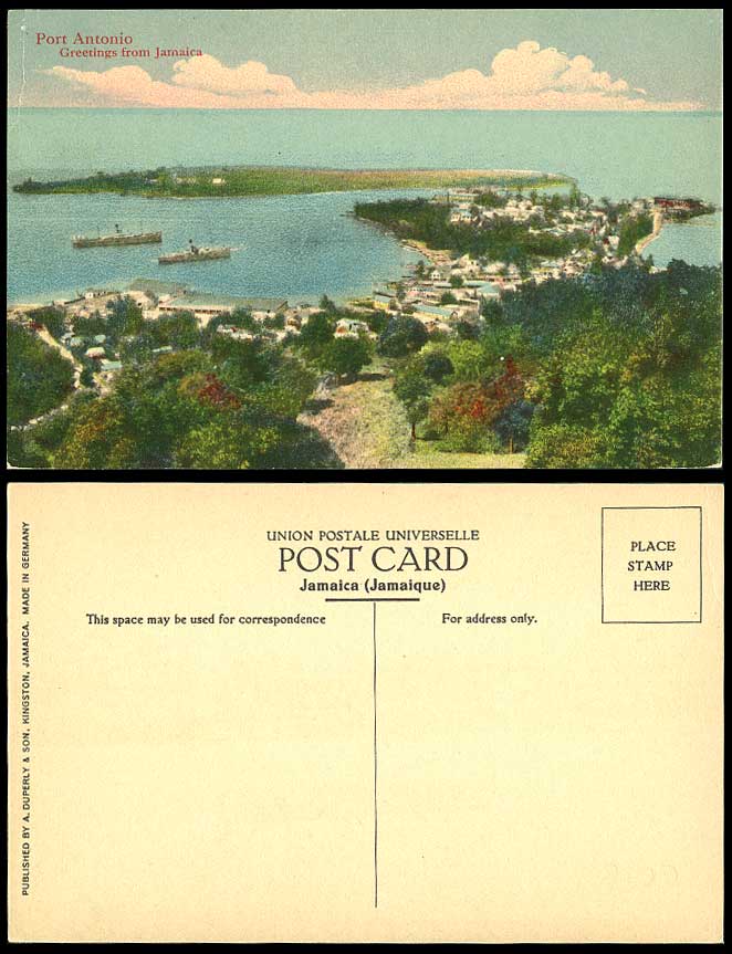 Jamaica Old Postcard Port Antonio Panorama General View Steamers Steam Ships BWI
