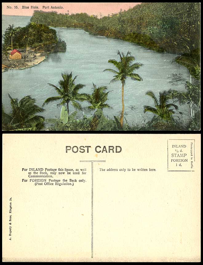 Jamaica Old Hand Tinted Postcard Blue Hole Port Antonio Panorama Palm Trees N.55