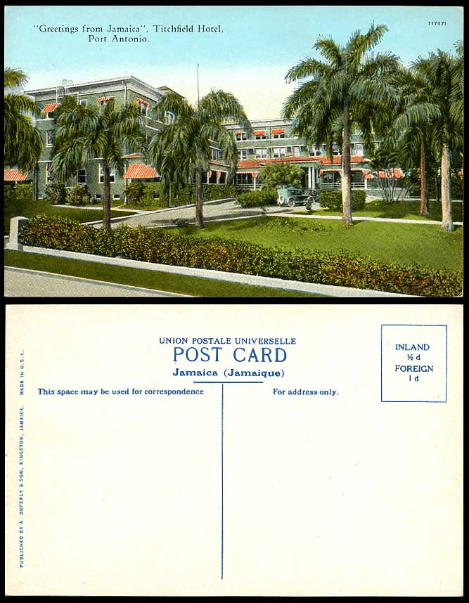 Jamaica Old Postcard Titchfield Hotel Port Antonio Vintage Car Palm Trees B.W.I.