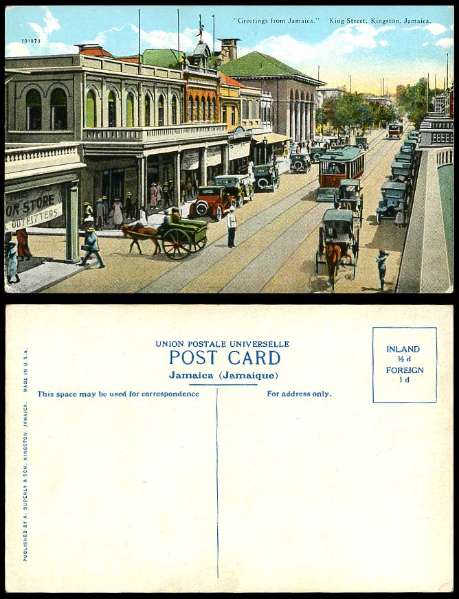 Jamaica Old Postcard King Street Scene Kingston TRAM Outfitters Store Cars Carts