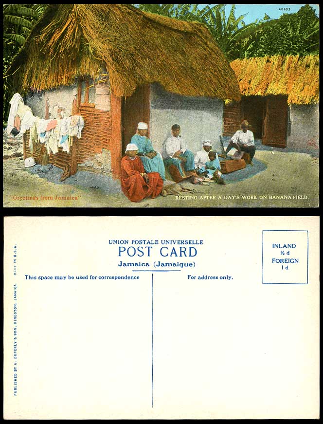 Jamaica BWI Old Postcard Native Farmers Resting After Day's Work on Banana Field