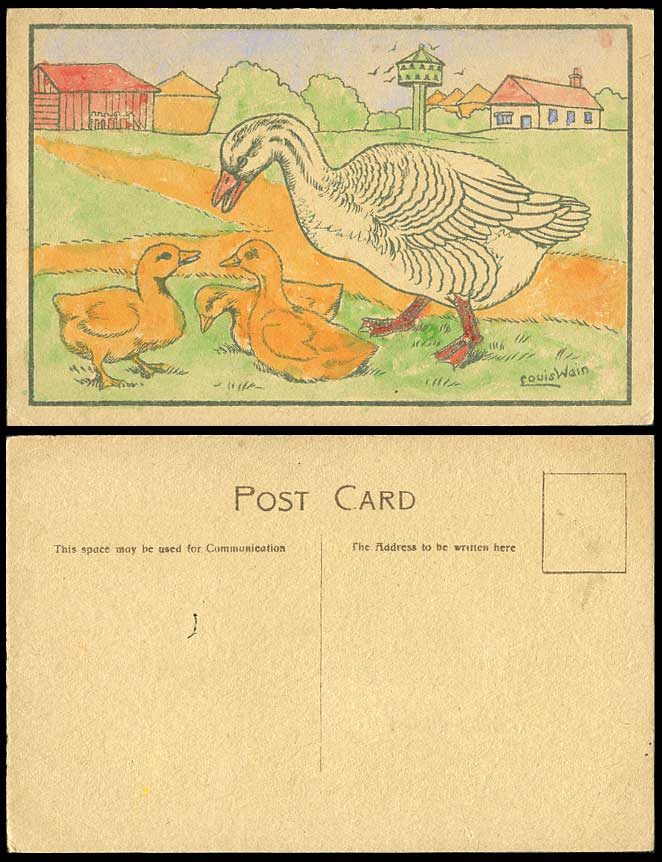 Louis Wain Artist Signed, Goose Geese Bird Birds Old Tinted Postcard Duck Ducks