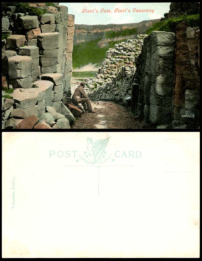 Northern Ireland Giant's Gate Gateway Giants Causeway, A Man Old Colour Postcard
