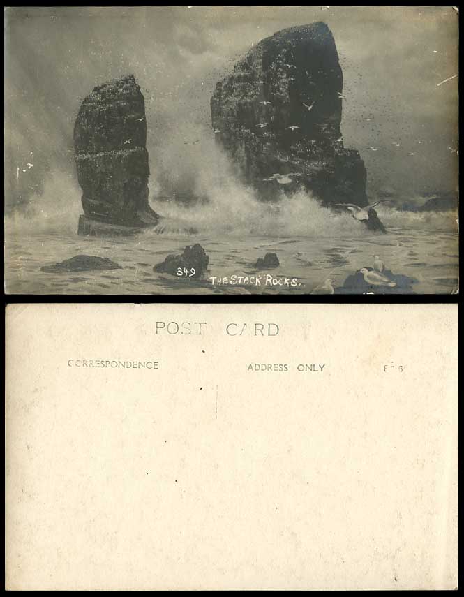 Northern Ireland Old Real Photo Postcard The Stack Rocks, Seagulls Birds, Antrim