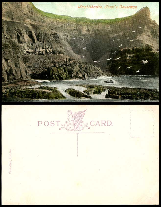 Northern Ireland Amphitheatre Giant's Causeway Birds Boating Old Colour Postcard