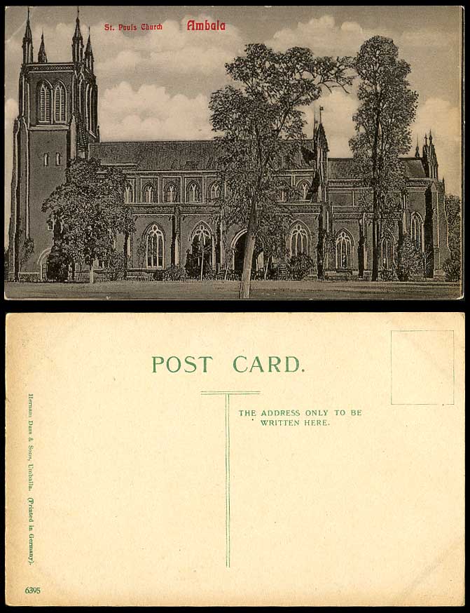 India Old Postcard St. Paul's Church Ambala Cathedral Hernam Dass & Sons Umballa