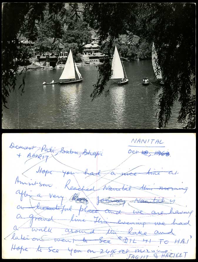 India Old Real Photo Postcard Nainital Naini Tal Lake Rowing Sailing Boats Yacht