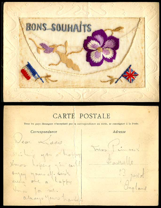 WW1 SILK Embroidered Old Postcard Bons Souhaits Good Wishes Flower Flags Novelty