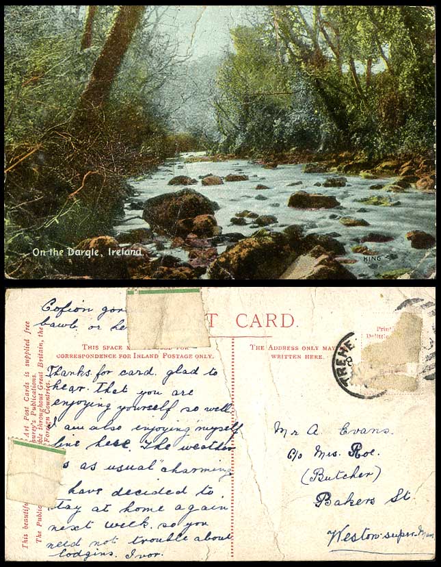 Ireland Co.Wicklow ON THE DARGLE Rocks River Scene Old Colour Postcard Shurey's