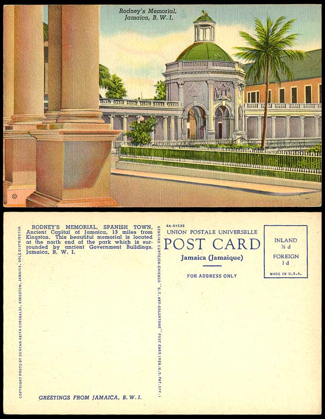 Jamaica Old Postcard Rodney's Memorial Spanish Town Park N. Government Buildings