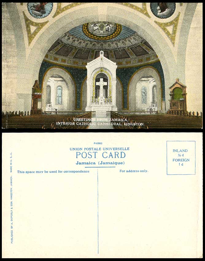 Jamaica Old Postcard Interior Catholic Cathedral Kingston, Crucifixion Cross BWI