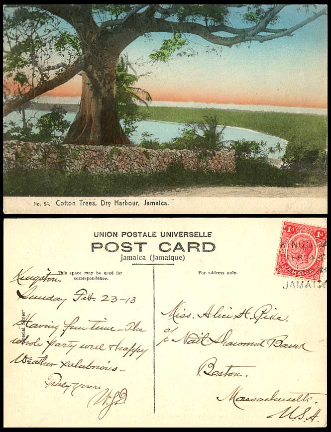 Jamaica KGV 1d 1913 Old Hand Tinted Postcard Cotton Trees Dry Harbour Sunset BWI