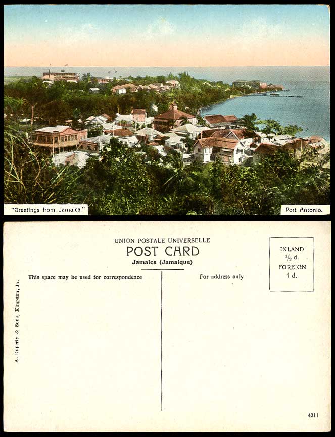 Jamaica Greeting Old Colour Postcard Port Antonio Pier Panorama General View BWI