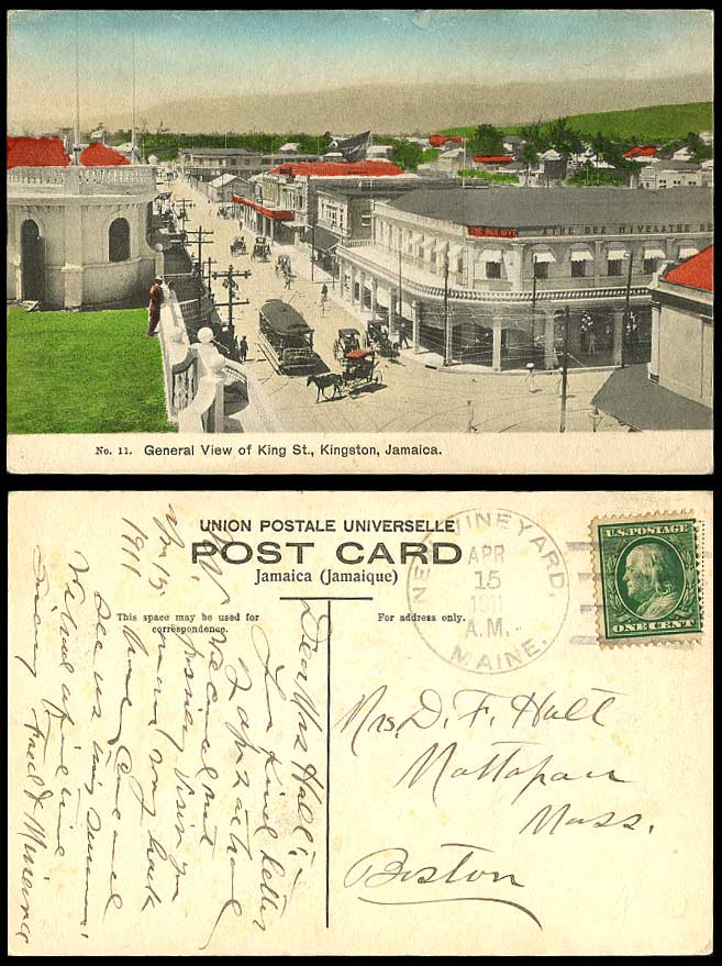 Jamaica US 1911 Old Hand Tinted Postcard King Street Kingston TRAM The Bee Hive