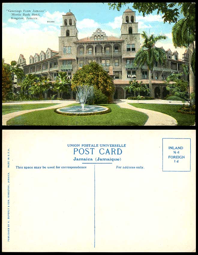 Jamaica Old Color Postcard Myrtle Bank Hotel Kingston Fountain Palm Trees B.W.I.