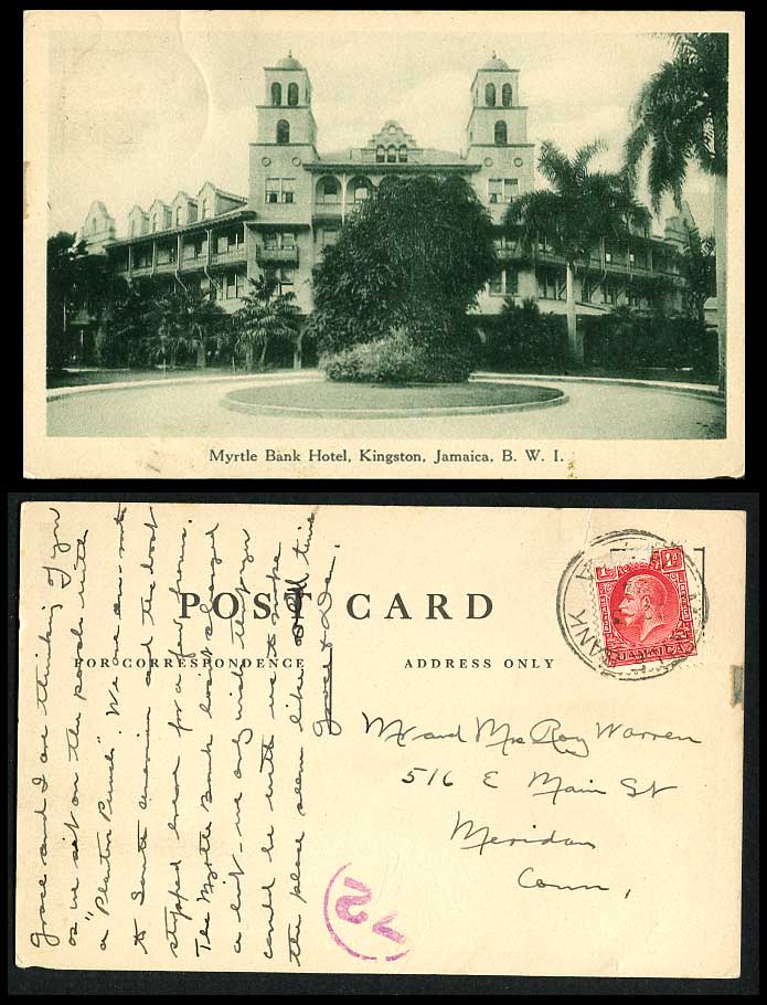 Jamaica 1934 Old Postcard Myrtle Bank Hotel Building Kingston, Palm Trees B.W.I.