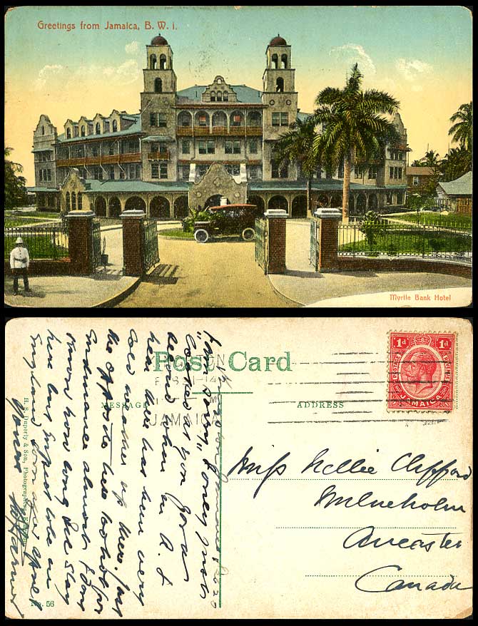Jamaica KGV 1d. 1910 Old Postcard Myrtle Bank Hotel, Kingston, Vintage Motor Car
