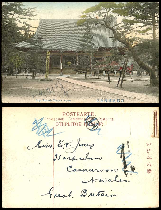 Japan Postage Due T 1903 Old Hand Tinted Postcard Saga Shakado Temple Kyoto Pine