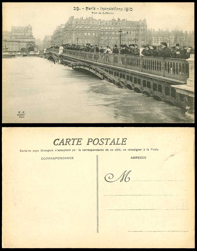 PARIS FLOOD 1910 Old Postcard Pont de Solferino Bridge Flooded Seine River Scene