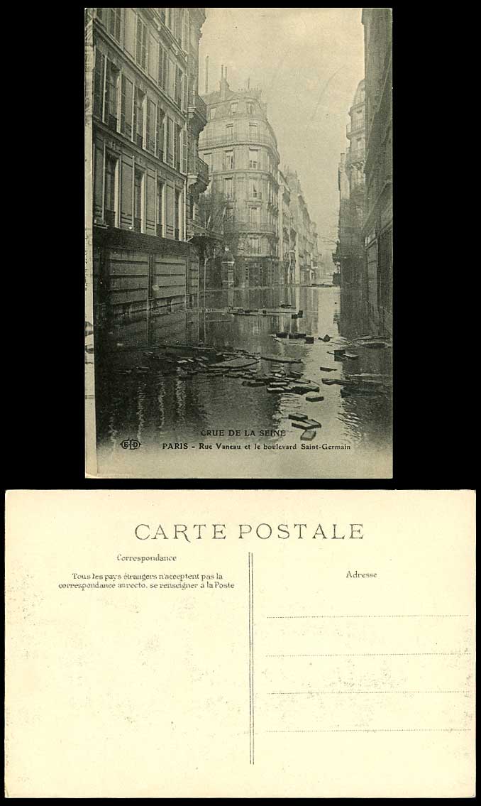 PARIS FLOOD Disasters 1910 Old Postcard Rue Vaneau et le Boulevard Saint-Germain