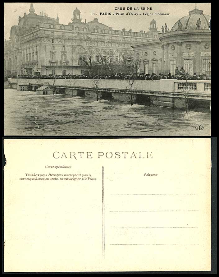 PARIS FLOOD Jan 1910 Old Postcard Palais d'Orsay Legion d'honneur, Crue de Seine