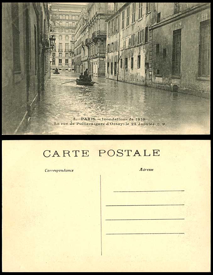 PARIS FLOOD 25 Ja 1910 Old Postcard Rue de Poitiers Gare d'Orsay Railway Station