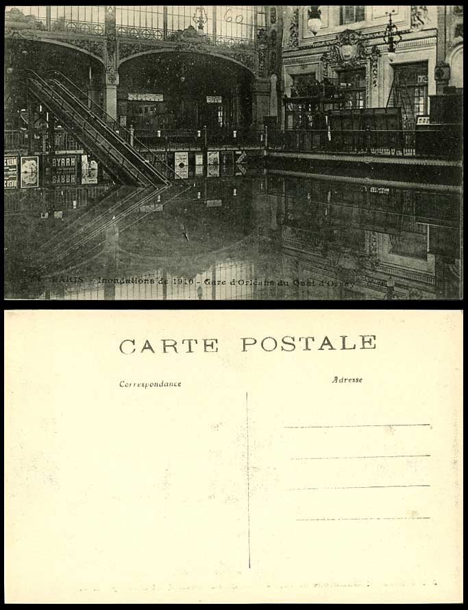 PARIS FLOOD Disaster 1910 Postcard Gare d'Orleans du Quai d'Orsay, Station, Quay