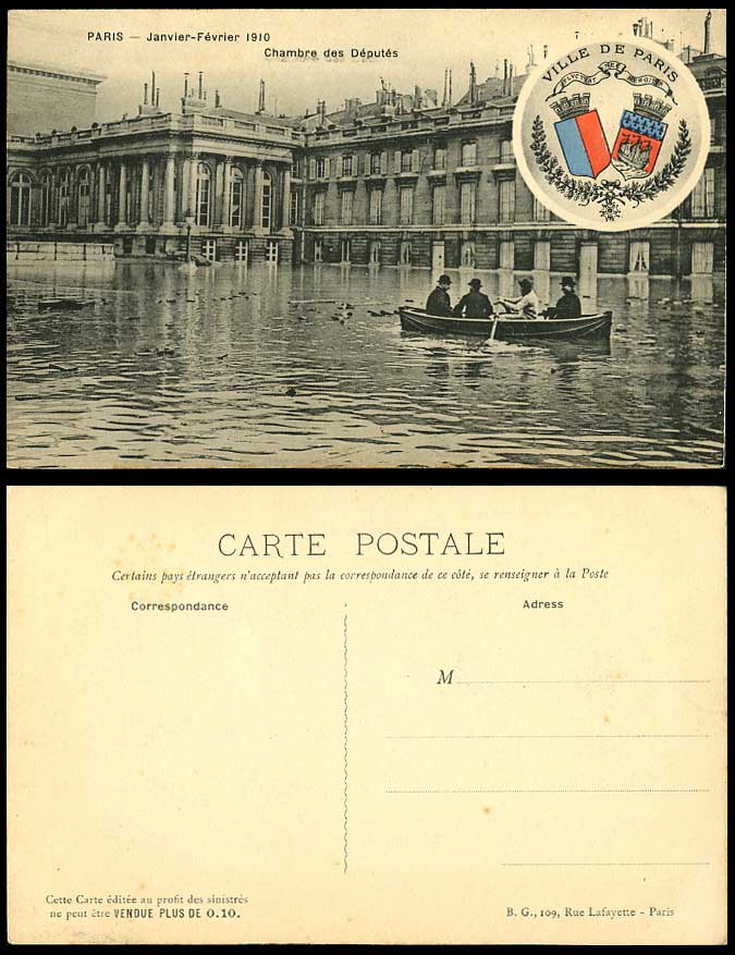 PARIS FLOOD Jan-Feb 1910 Old Postcard Chambre des Deputes Men Boat, Coat of Arms